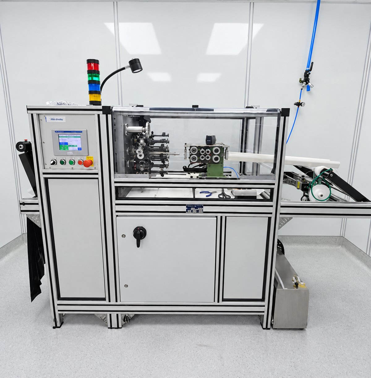 Automated braiding machine with Allen-Bradley touchscreen controller and catheter mandrel