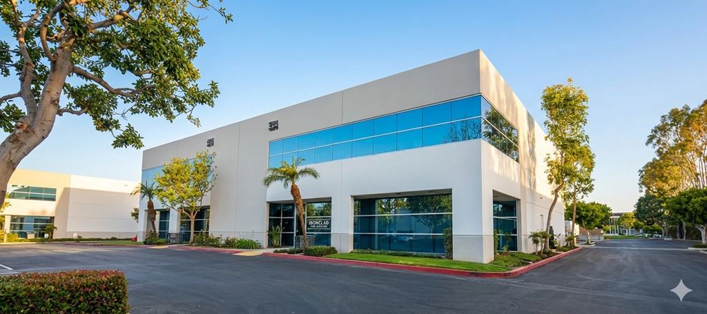 Exterior of the office and manufacturing building at the MedTech Innovation, LLC business park in Irvine, California